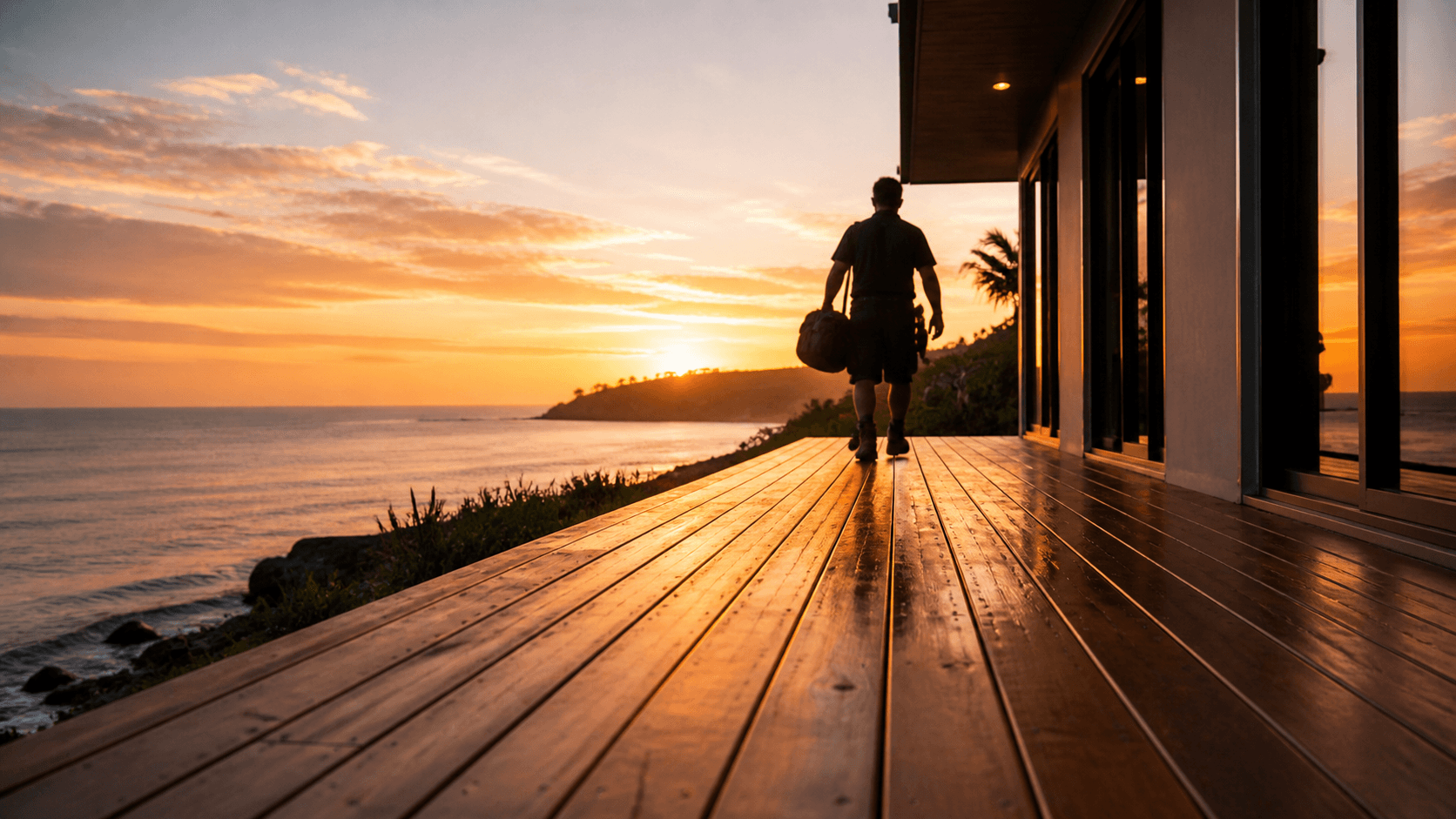 Handyman walking along a wharf-side deck at sunset
