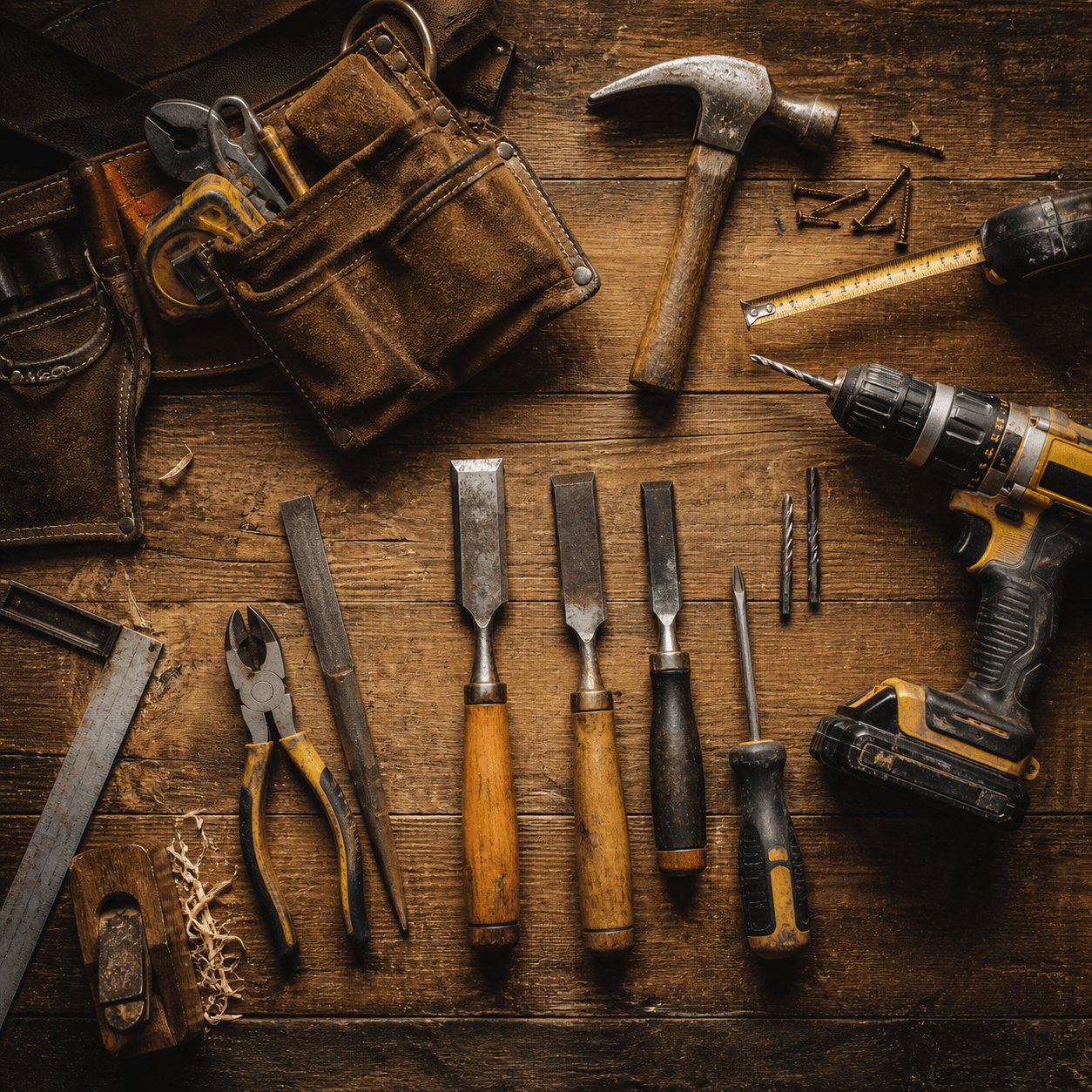 A handyman's tools laid out on a workbench